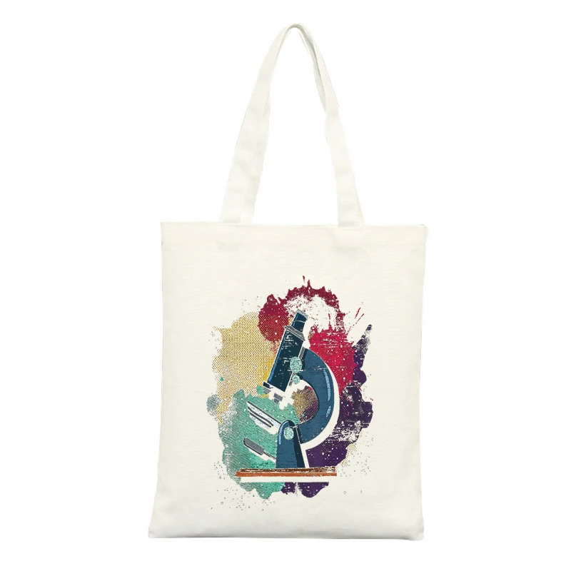 Canvas Tote Bag with Microscope and Colorful Splash Print, Ideal for Science Enthusiasts and Casual Daily Use