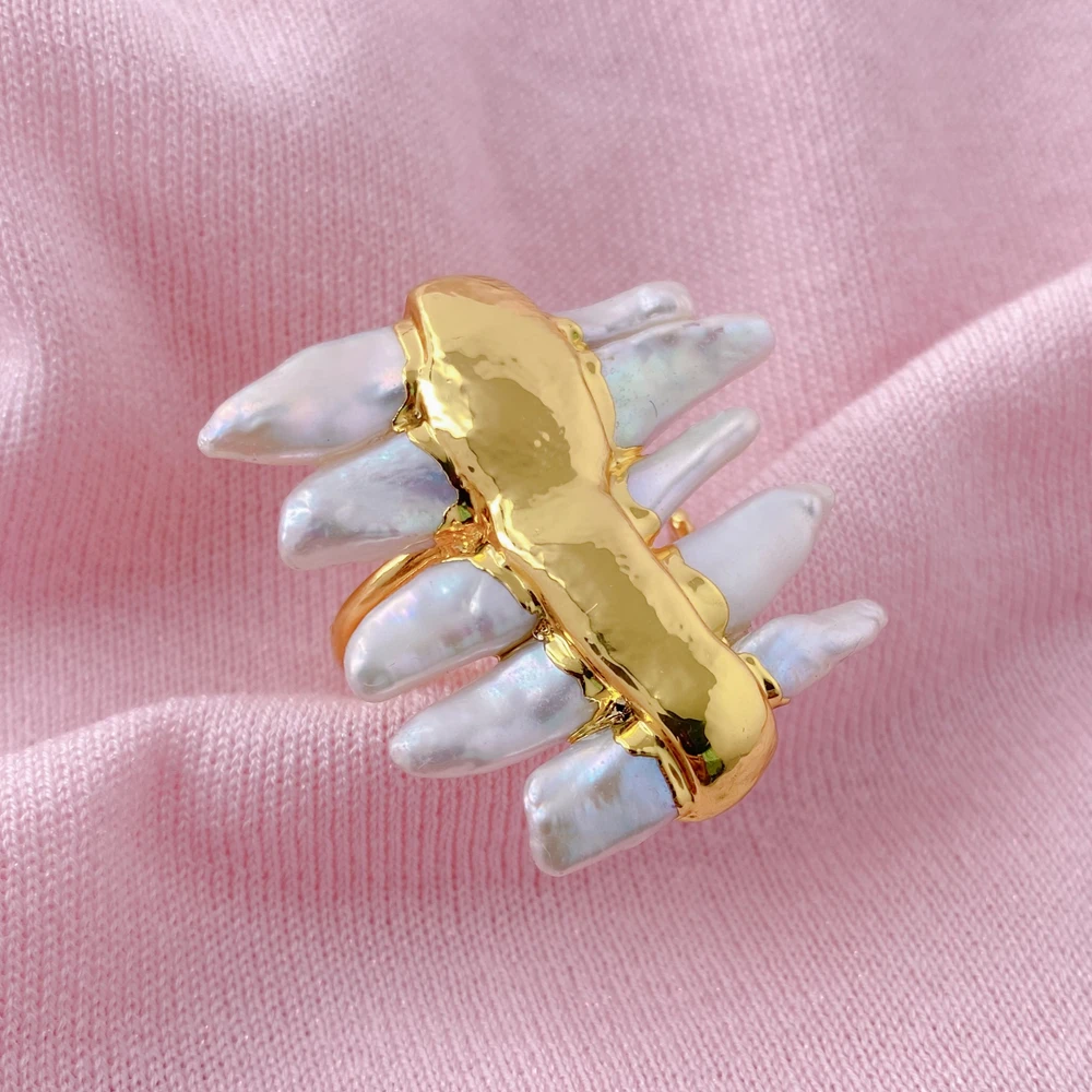 

kkGEM кольцо на палец с натуральным белым пресноводным жемчугом Biwa, позолоченное, регулируемое