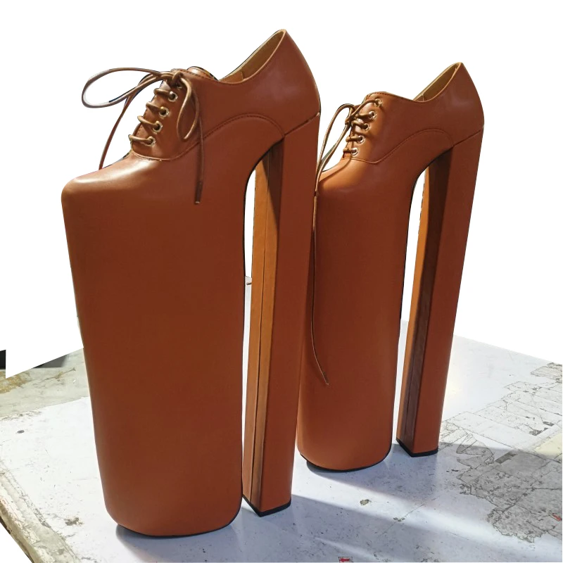 

DIZHUANG Sexy women's high heels. Customized shoes. Brown leather round toe shoes. About 40cm heel height. Super high. SIZE34-46