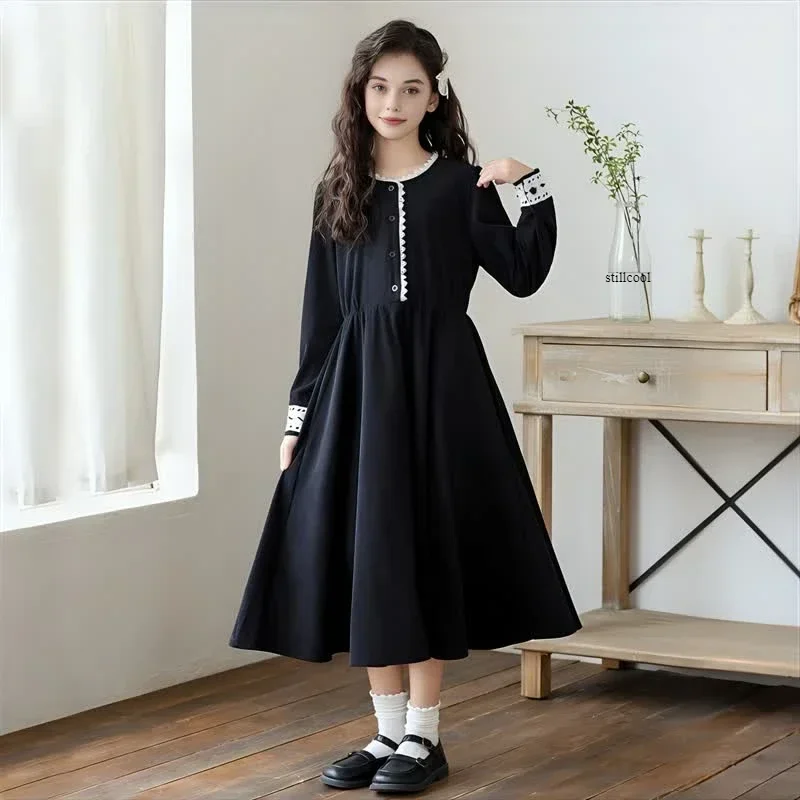 

Girls Corduroy Dress Autumn Winter Long Sleeve Long Elegant Princess Dresses for Kids Black Evening Party Teen Children Clothes