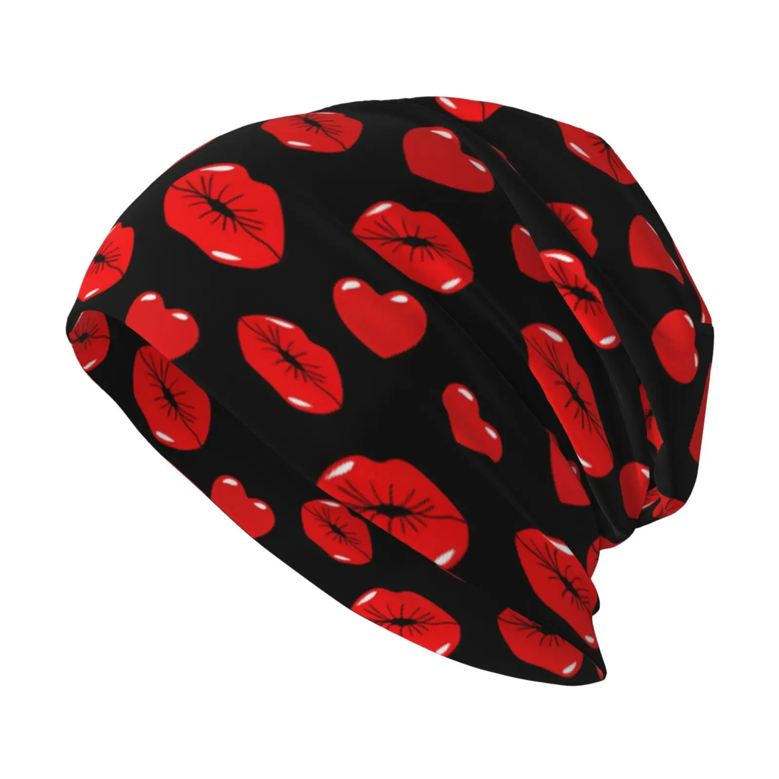 Sexy Red Lip Printed Brimless Hat Street Skull Hat Bean Hat Water Buffalo Plaid Striped Plaid Cloth Warm Elastic Hat