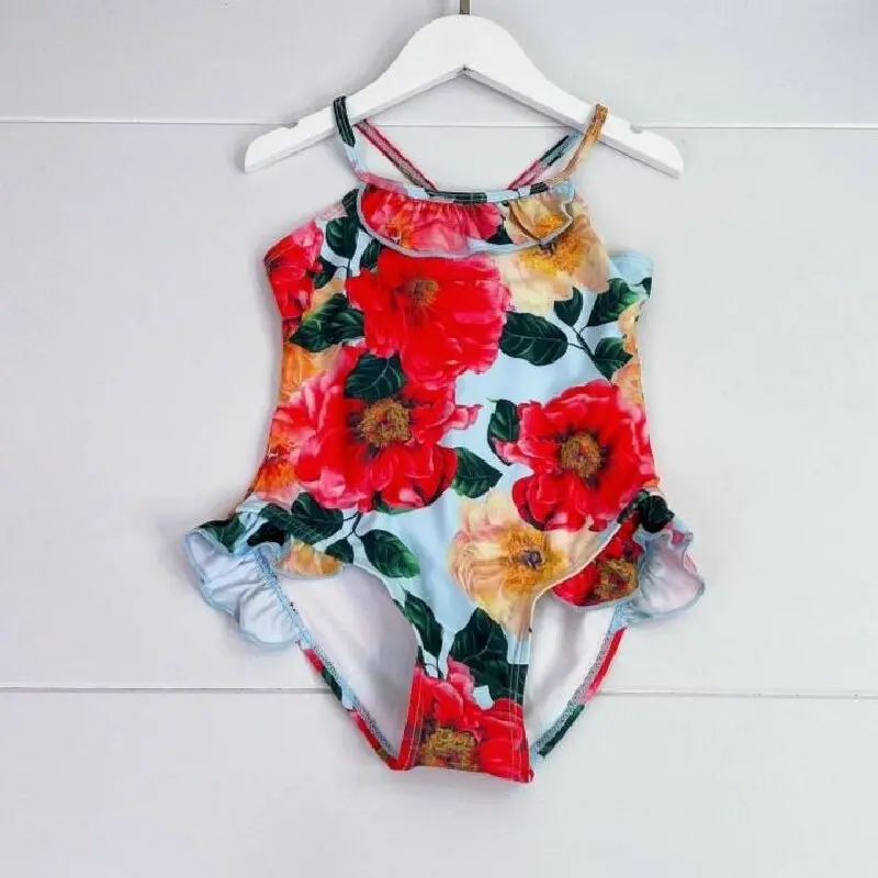 

2024 New gilr swimsuit red flower girl swim wear Summer Children clothes high quality baby swimsuit 2-12y