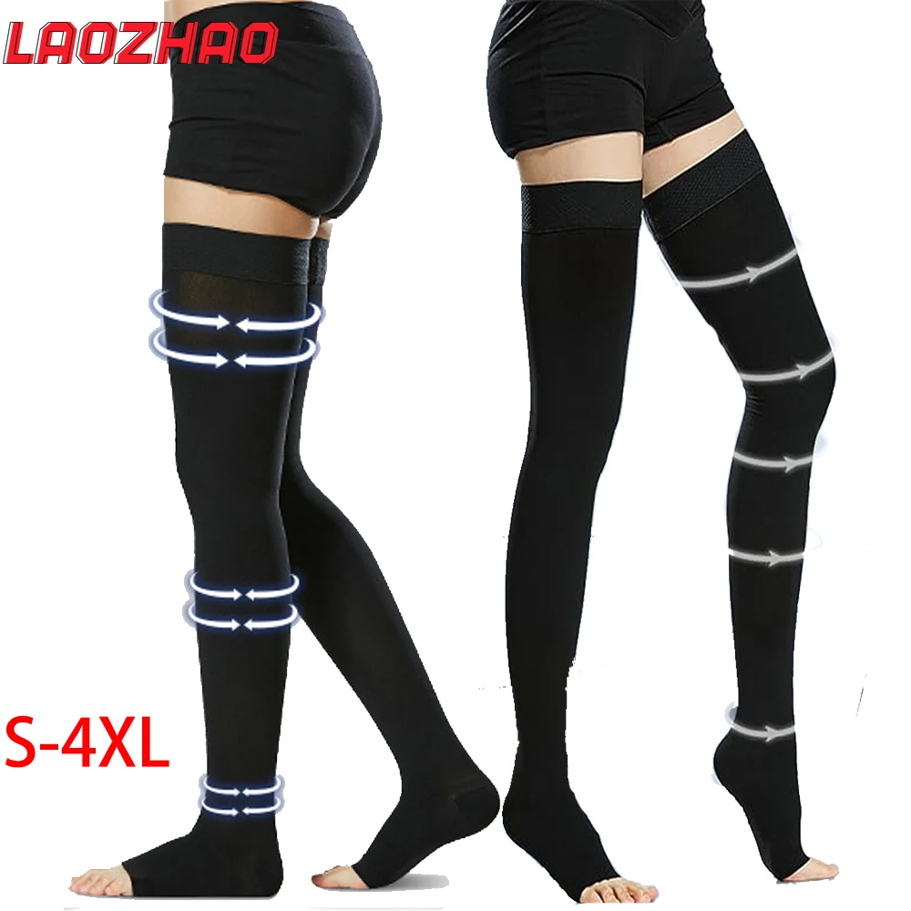 

1Pair Open Toe Thigh High Compression Stockings with Silicone Band for Women Men,Firm 20-30 mmHg Calf Support for Varicose Veins