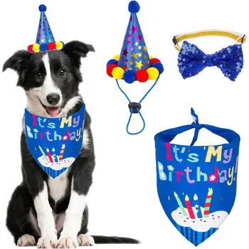 Birthday Party Bandana Scarf Dog Clothes With Hat Cute Bow Tie Small Pet Three-Piece Set Cute Pet Party Decorations Ropa Perro 1