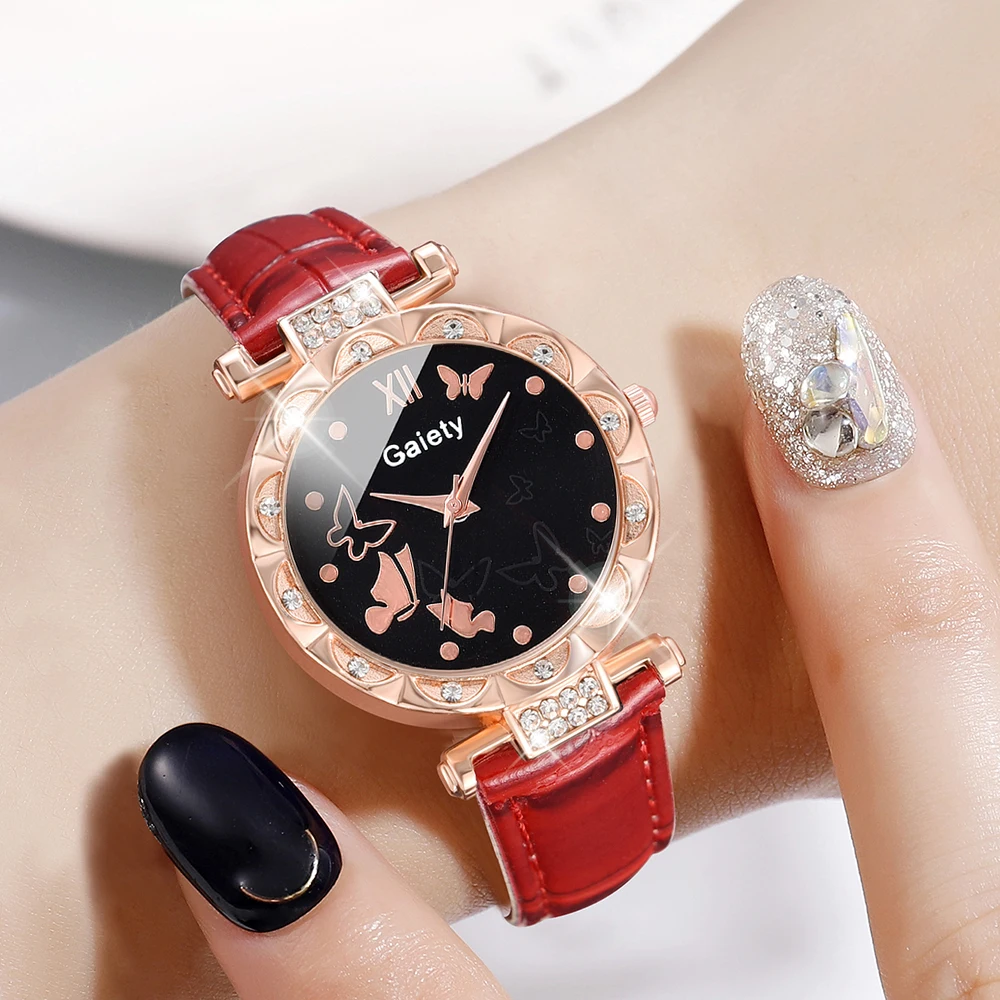 Red Women 5PCS/Set Quartz Watch Half Face Butterfly Dial Wristwatch Leather Strap Watch With Jewelry Set Gift For Her