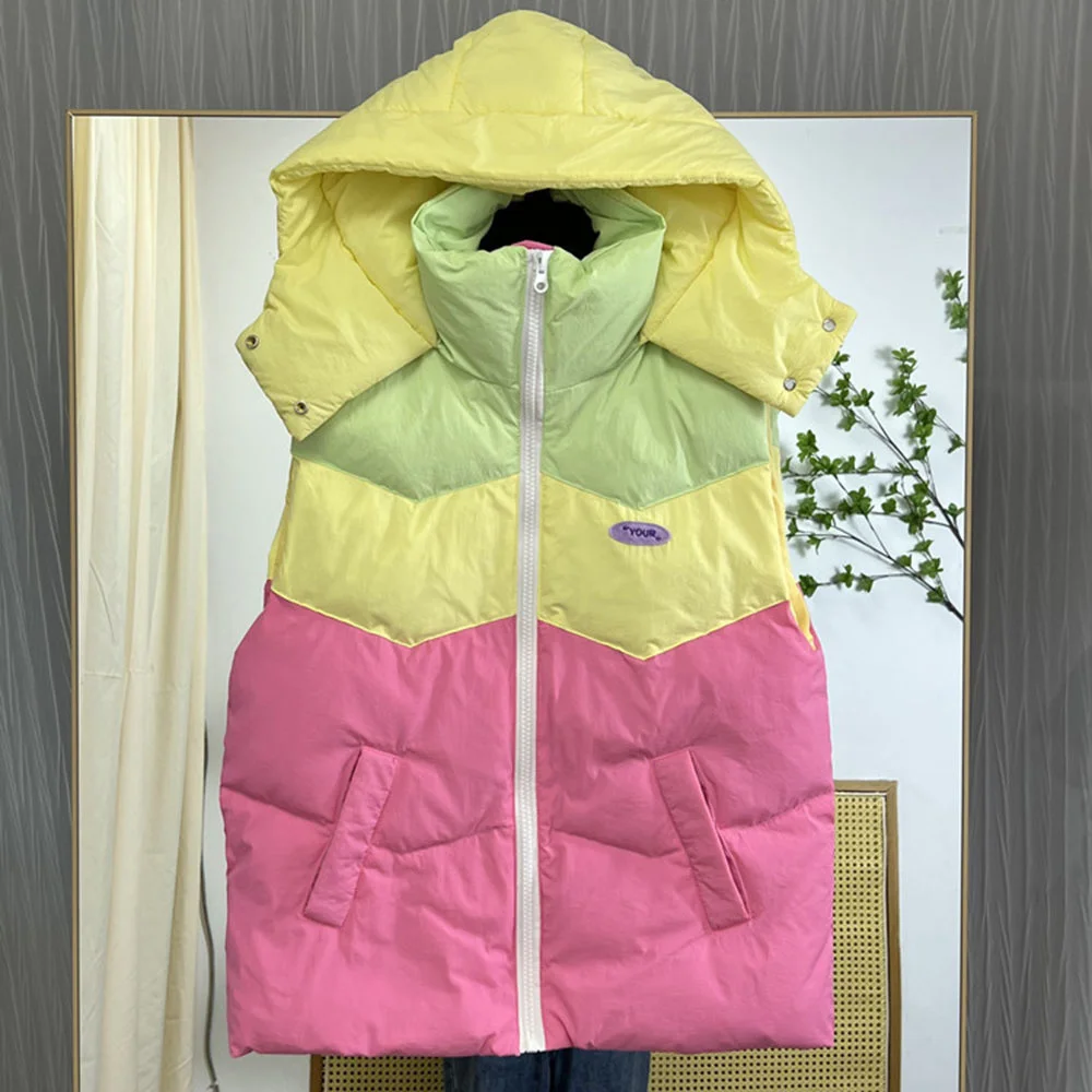 

Duck Winter Colorful Streetwear Down Vest Women Ultra Light Thin Long hooded Jackets Loose Waistcoat Casual Parkas