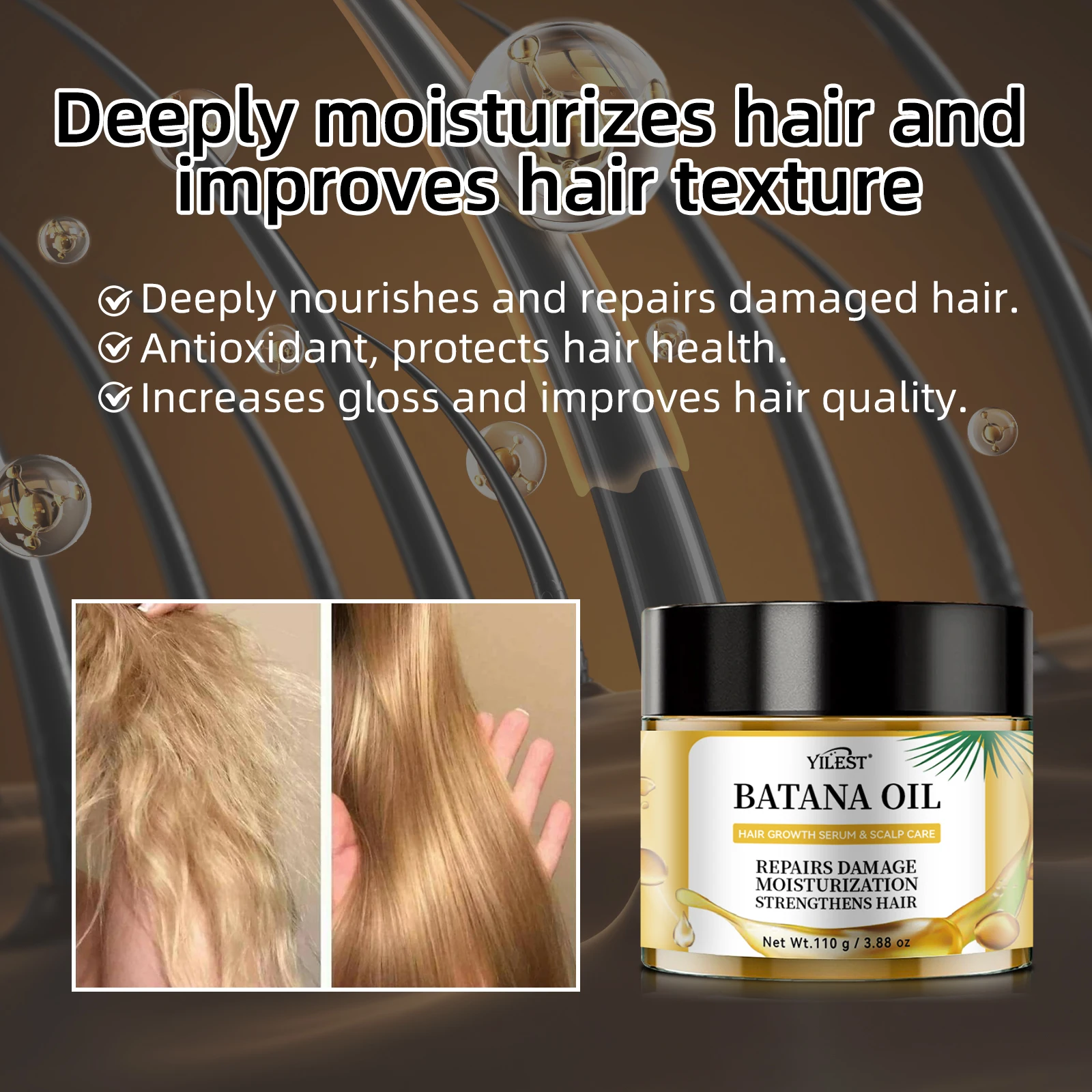 

YILEST Batana Hair Oil 110 г Сыворотка для роста волос, восстанавливающая поврежденные волосы, глубокий увлажняющий крем для всех типов волос, уход за кожей головы