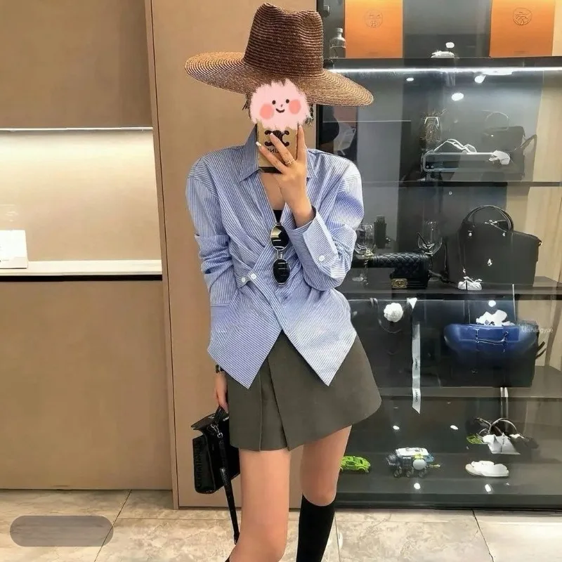 

Women Clothes Spring Autumn Fashion Casual Button Striped Color Blocking Square Collar Women Shirts Long Sleeve Young Style Tops