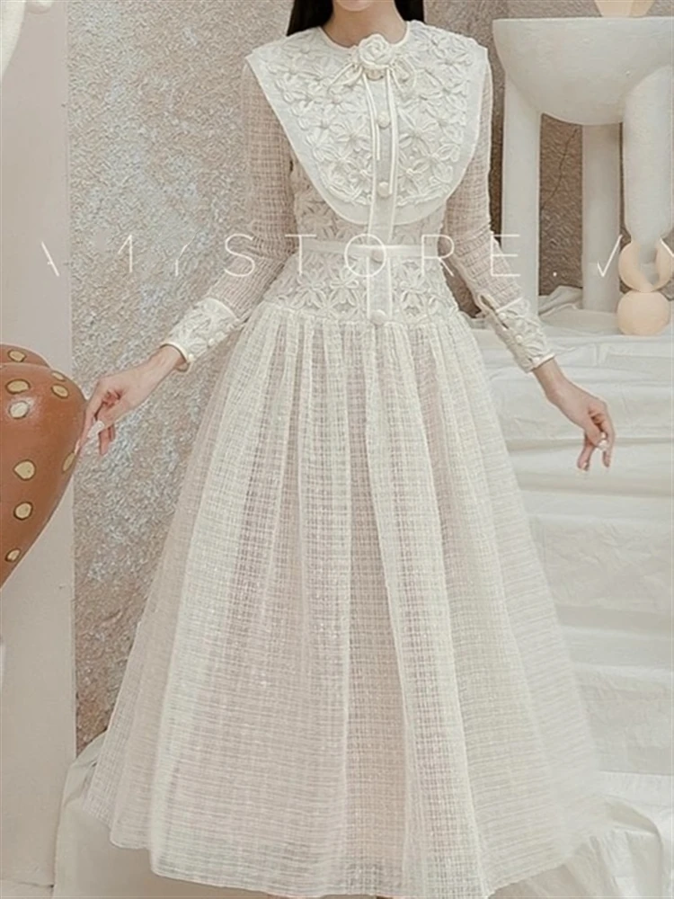 Robe brodée taille haute à manches longues pour femmes, robe élégante, robe de soirée Boho, dentelle vintage, piste de luxe, printemps, automne, 2023