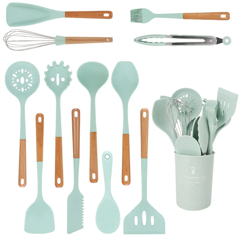 Wooden Handle Silicone Kitchenware Cooking Utensils Set Non-stick Cookware Spatula Shovel Egg Beaters Kitchen Cooking Tool Set