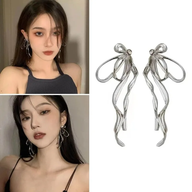 2025 Korean Personality Irregular Bowknot Earrings Simple Silver Color Metal Line Big Long Bow Drop Earrings Female Jewelry