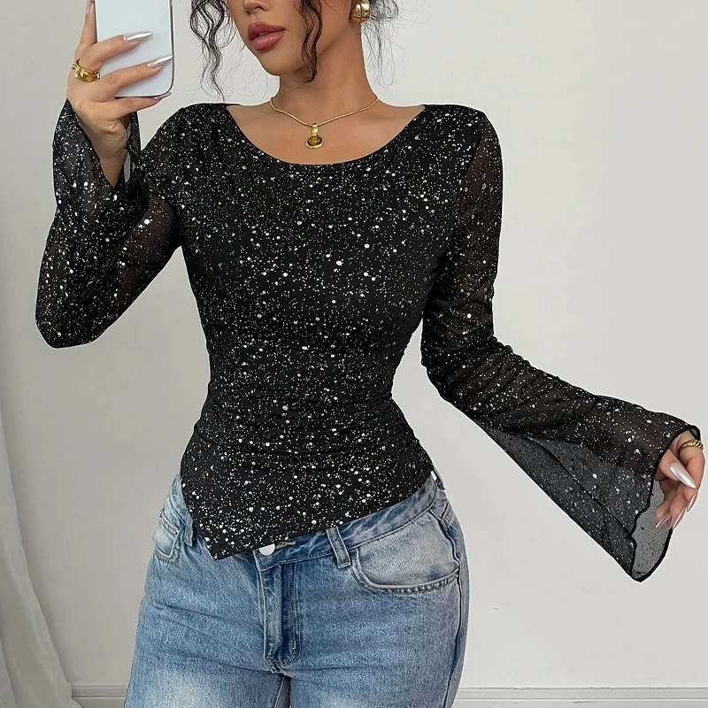 Elegant Women's Sequin Tight Mesh Sleeve Dress with Sparkling Perfect Weddings Formal Events Female Clothing Lace Tops T-Shirt