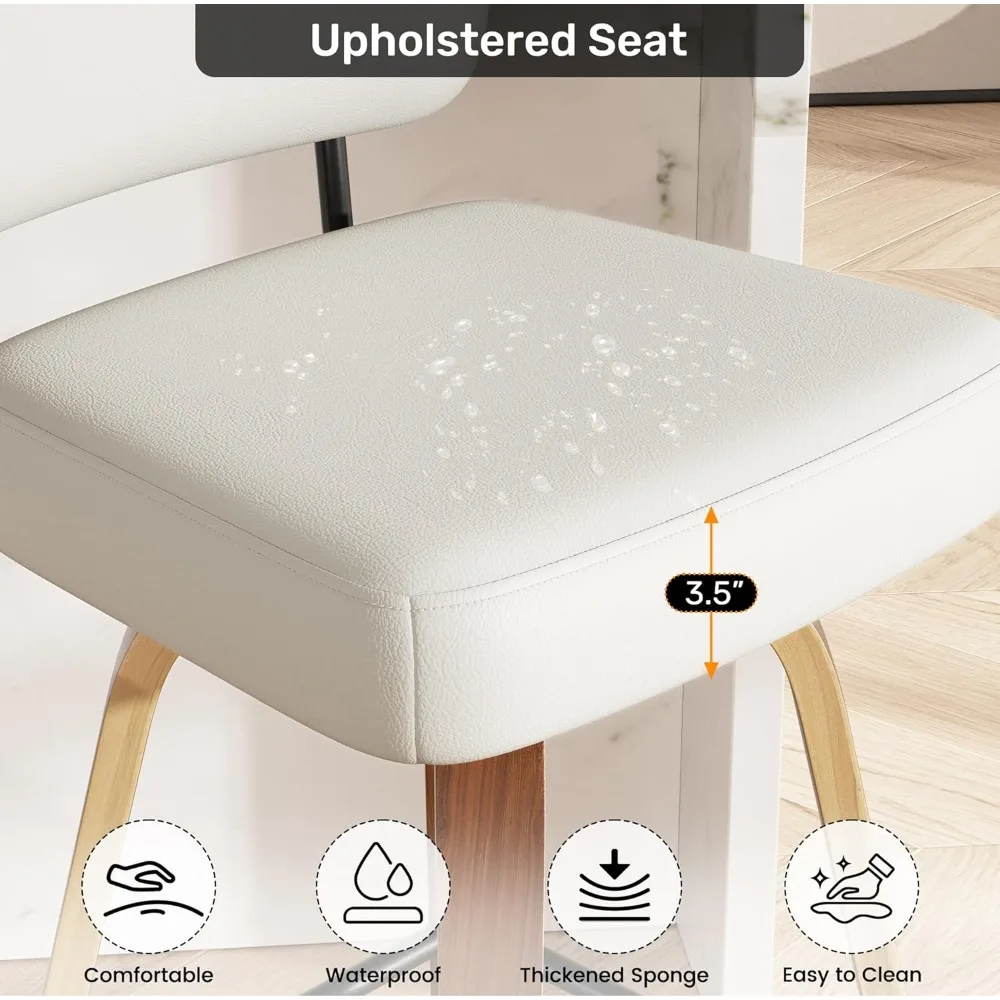 مجموعة كراسي بار دوارة مكونة من 2، مقاعد مرتفعة من الجلد الصناعي مقاس 26 بوصة مع ظهر من خشب الجوز وأرجل من خشب البنت، منتصف القرن #5