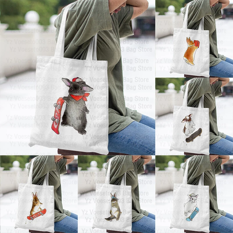 Cute Rabbit Canvas Tote Shopping Bag Beach Bags Travel Pouch Large Fashion Women's Handbag Square Pouchs Teacher Bridesmaid Gift