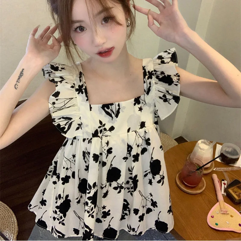 

Lacing Bow Patchwork Tanks Summer New Sleeveless Off Shoulder Printing Backless Loose T Shirt Tops Korean Sweet Women Clothing