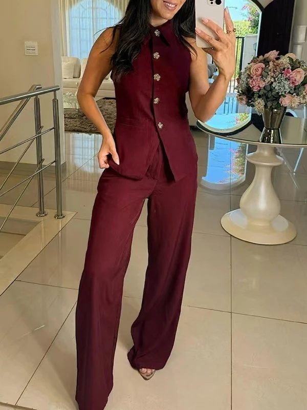 

Faionable Svel Vest Top And Wide Leg Pants Two Piece Set Ele Summer Outfit for Women Slim Fit European Sle