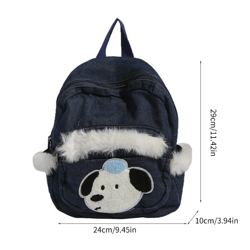 Furry Plush Detail Denims Small Backpack for Casual and Shopping Cartoon Dog Applique Daypack Multiple Pocket Shcool Bag