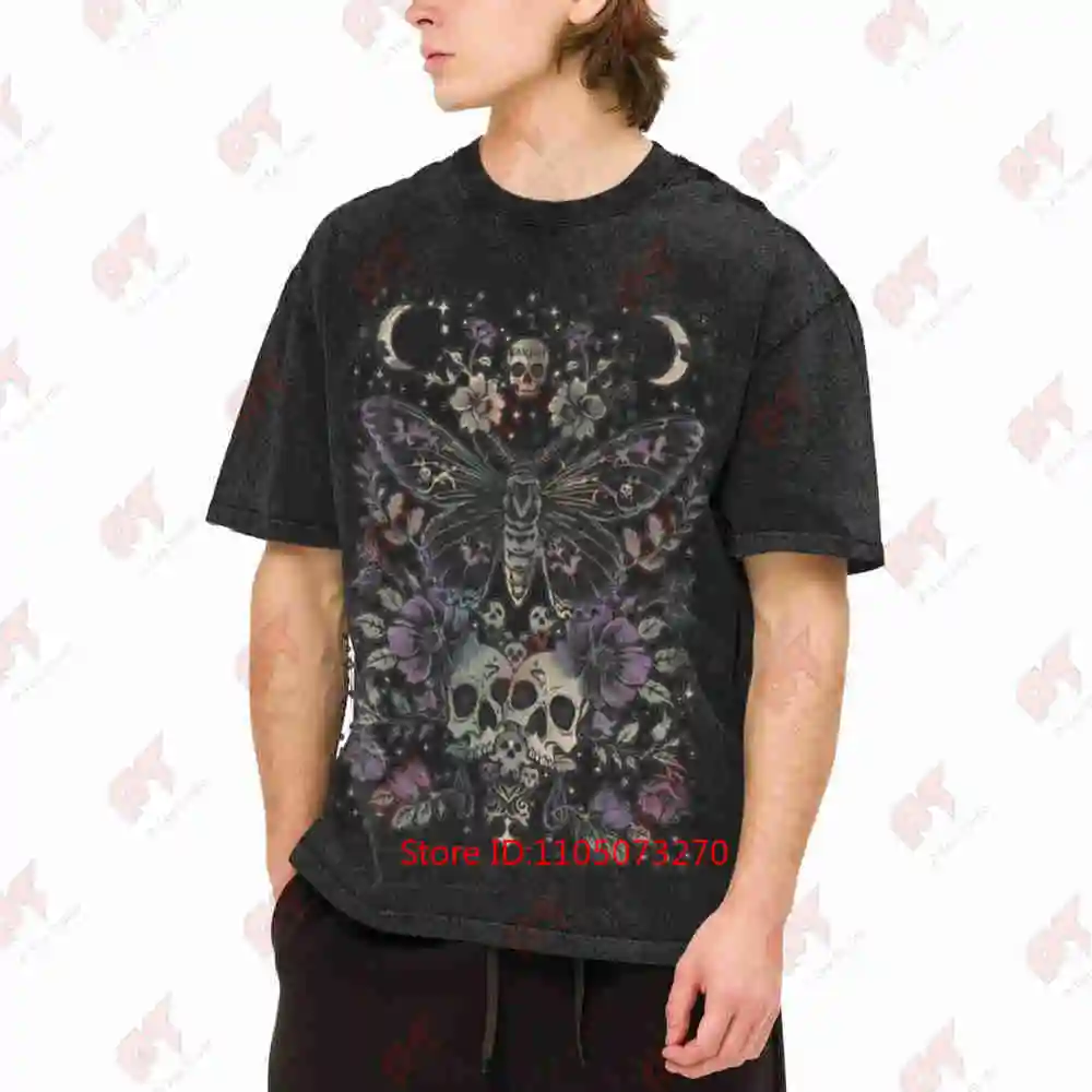 Gothic Moth Witchy Floral Skull Dark Romance Vintage Washed Tee Pure Cotton T-Shirt