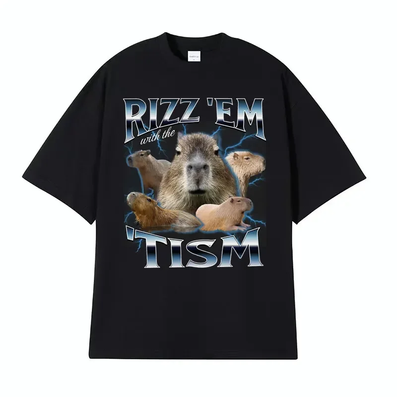 Rizz Em with The Tism Retro T Shirt Funny Cute Kawaii Capybara Meme T-shirt Men\'s Women Casual Fashion Humor Short Sleeve Tshirt