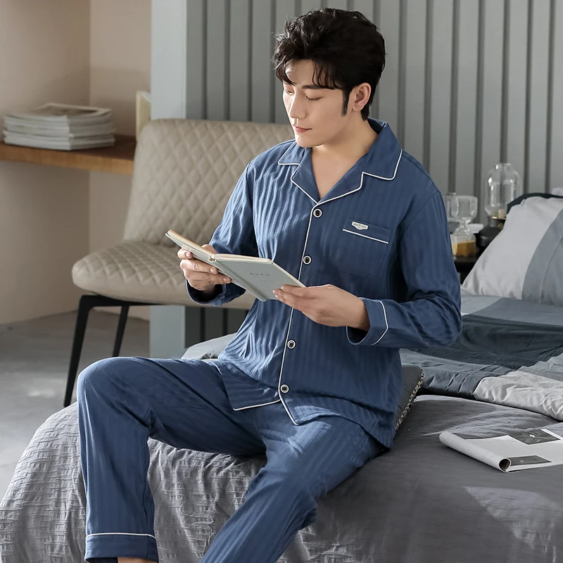 Blue Men Pajamas Set Long Sleeves Long Pants Autumn Winter Simple Sleepwear Casual Pijamas Male Pyjamas Soft Nighty Cozy Pjs Boy