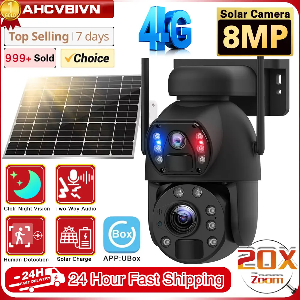 

4K 8MP 20X Optical Zoom Dual Lens Solar PTZ Camera 4G SIM Card Outdoor 10W Solar Panel Camera Metal Waterproof Humanoid Tracking