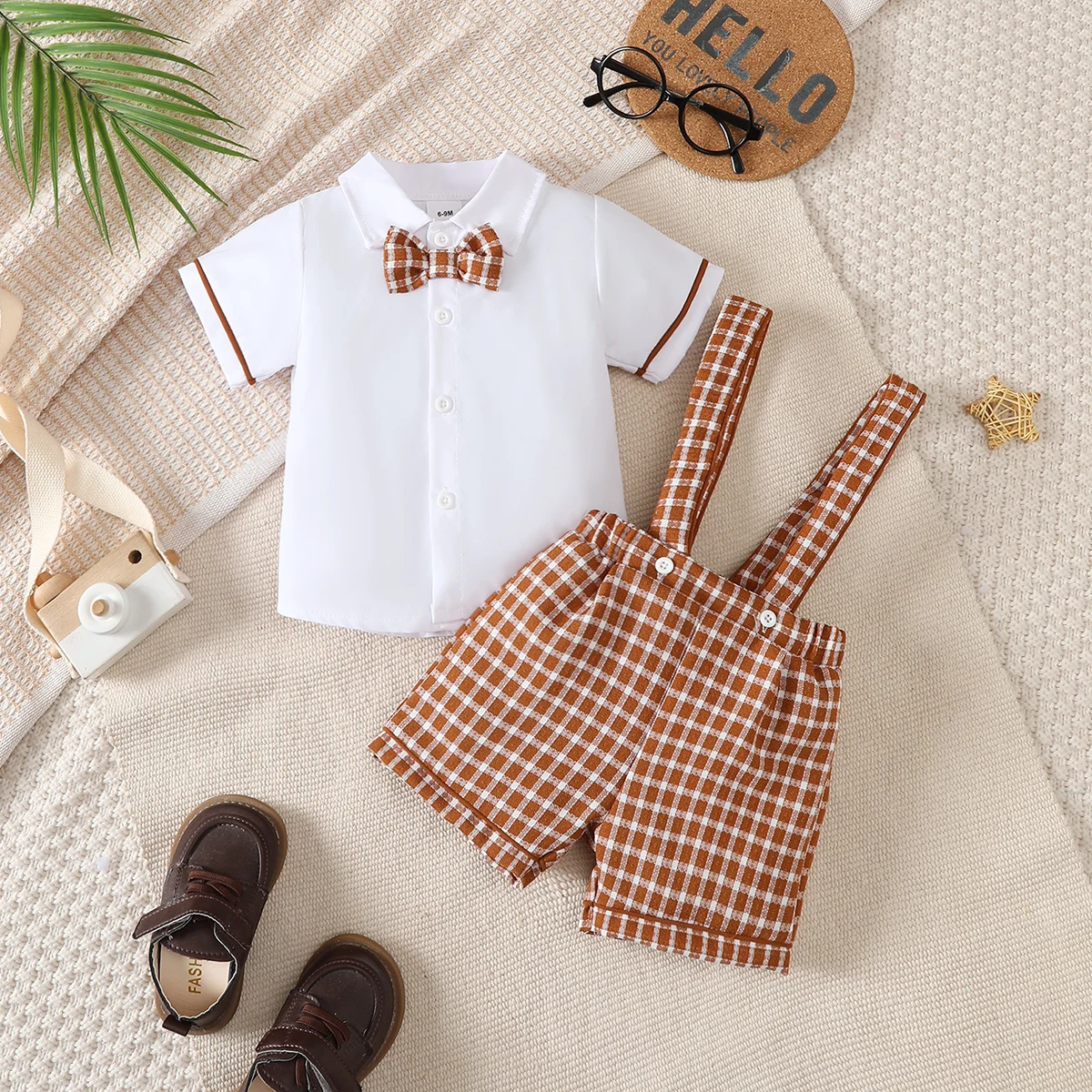 Baby Boy Small Gentleman's Set Lapel Checkered Tie Shirt Overalls Fashionable Set 0-3 Year Old Toddler Birthday Party Costume