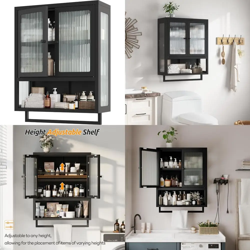 

Space-Saving Toilet Storage Cabinet with Glass Doors and Towel Bar, Metal Wall Mounted Medicine Cabinet