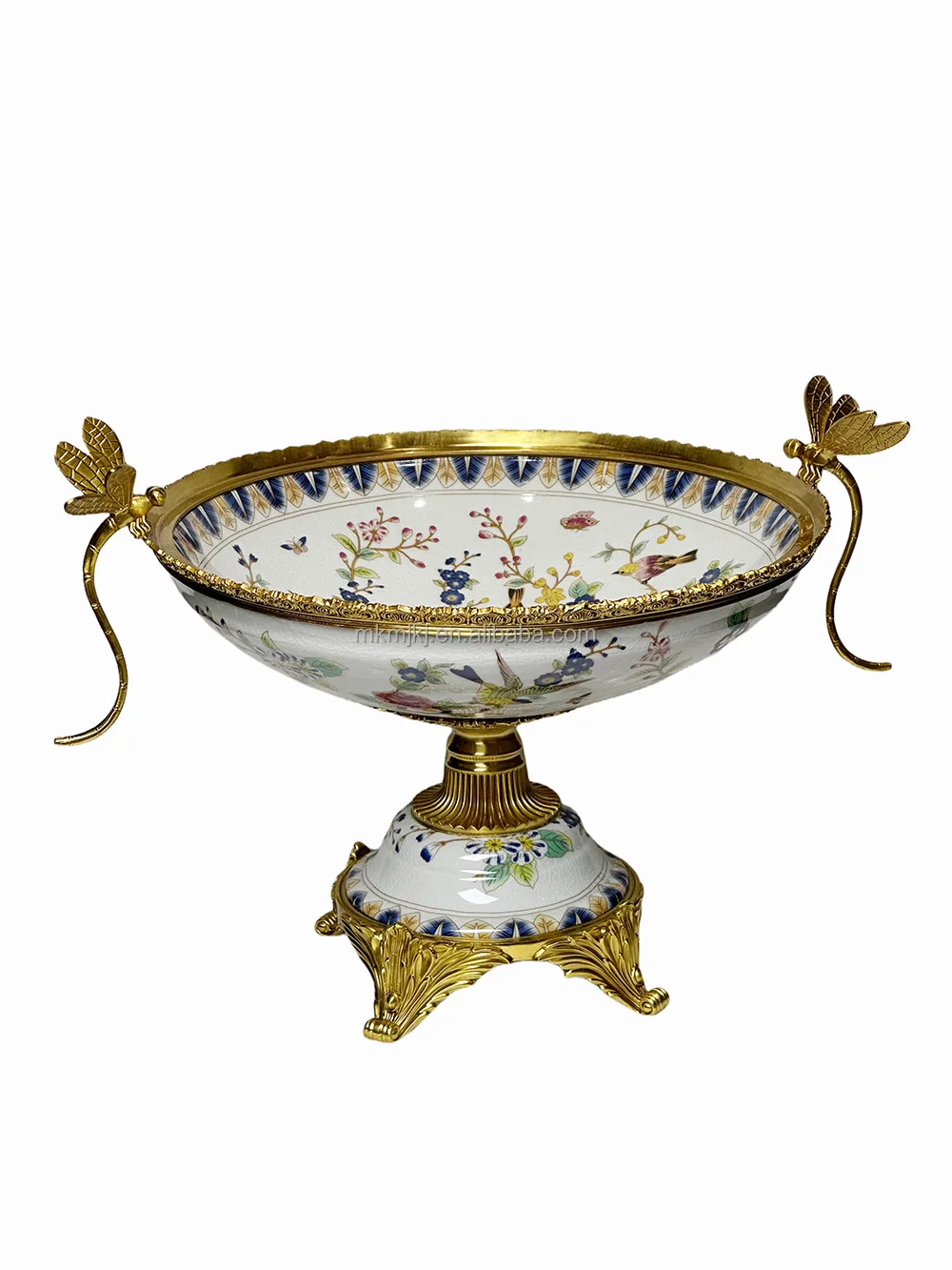 European retro porcelain fruit bowl flower and bird pattern gold dragonfly brass metal tray antique luxury home decoration