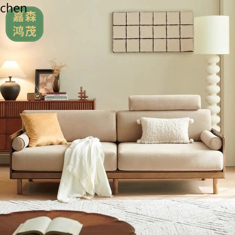 HT Retro Style Solid Wood Fabric Sofa Double Three-Seater Living Room Natural Wood Style Straight Row Sofa