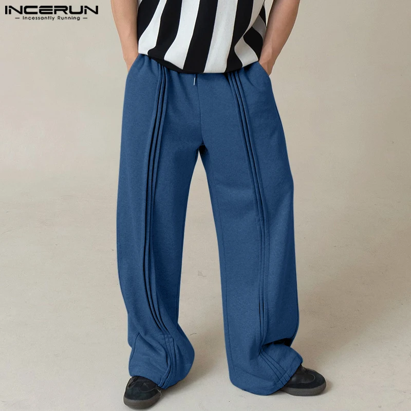 2024 INCERUN Men's Causal Loose Long Pants Solid Insert Pocket Mopping Trousers Korean Style Fashion Male Streetwear Oversize