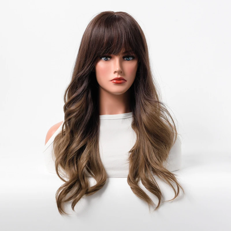 European and American fashion for women, water wave bangs, brown long curly hair, full head wig