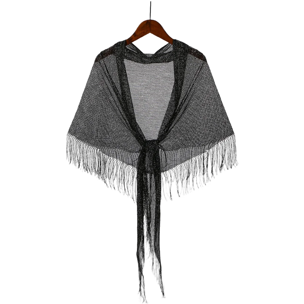 Polyester Shawl Wrap for Women Lightweight Beach Cover Up with Tassel Trim Hollow Out Design and Monochrome Look