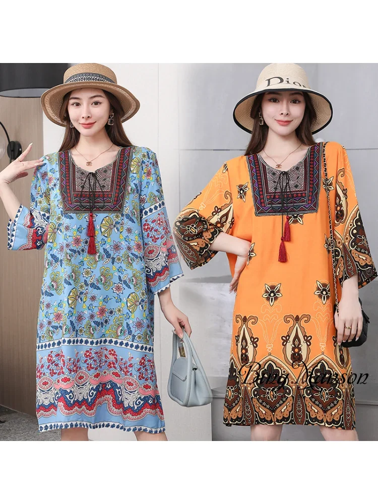 

2023 Summer Women's Plus Size Ethnic Style Round Neck 3/4 Sleeve Dress Loose Embroidered Cotton Silk Tourism Beach Skirt Dress