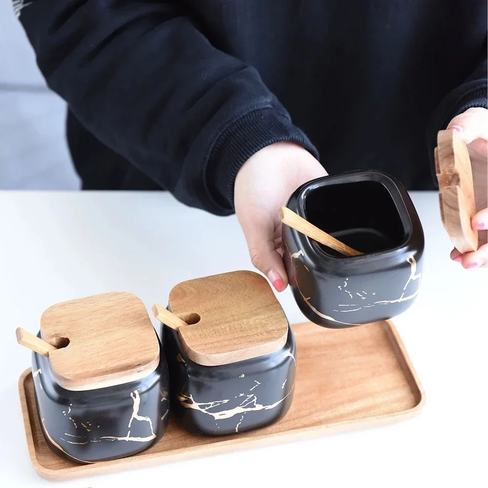 Nordic Creative Spice Jar Salt Pepper Shakers Container Set Ceramic Can Kitchen Seasoning Tank Wooden Cover Kitchen  Accessories