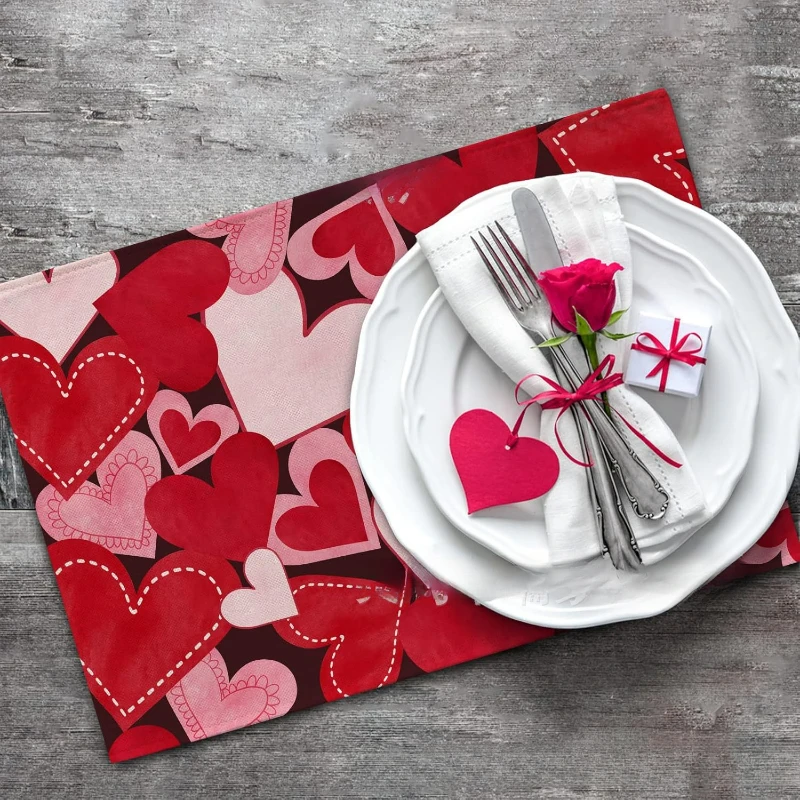 4 قطعة المفارش عيد الحب رومانسية القلب المفارش الحب طاولة طعام خمر الحب قلوب مكان الحصير المنزل المطبخ 2025 جديد