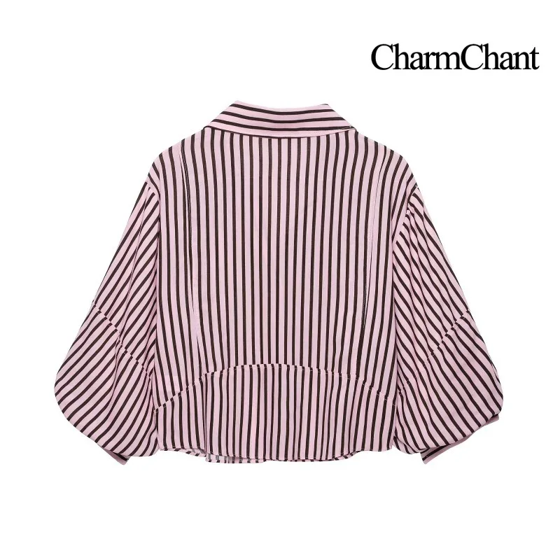 CHARMCHANT Women's Striped Collared Button Down Crop Shirt Puff 3/4 Sleeve Loose Casual Blouse Top Summer 2026