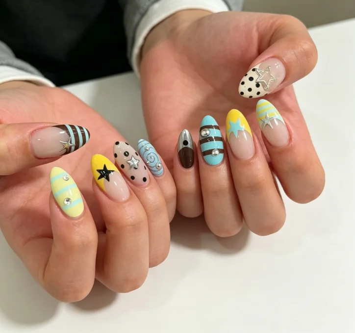 24PCS Almond Press On Nails Yellow Blue Brown Striped Polka Dot Star Rhinestone Decor Cute Y2K Style Glossy Reusable False Nails