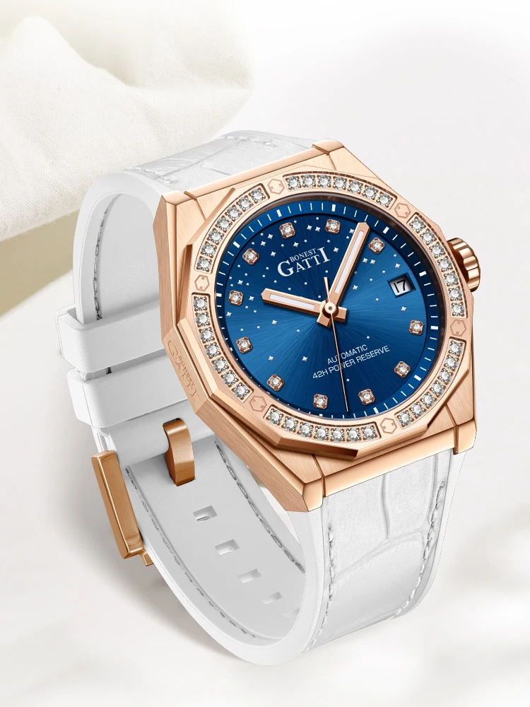 BONEST GATTI BG8902 Women's Automatic Watch Diamond Bezel Waterproof Genuine Leather Strap Mechanical Movement Wristwatch