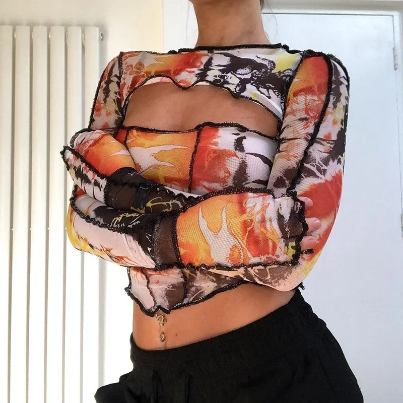 Sexy Women Tees Hollow Out T Shirts Women Mesh Crop Top Vintage Y2k Streetwear 2000s Aesthetic Spring Print Long Sleeve T-Shirt