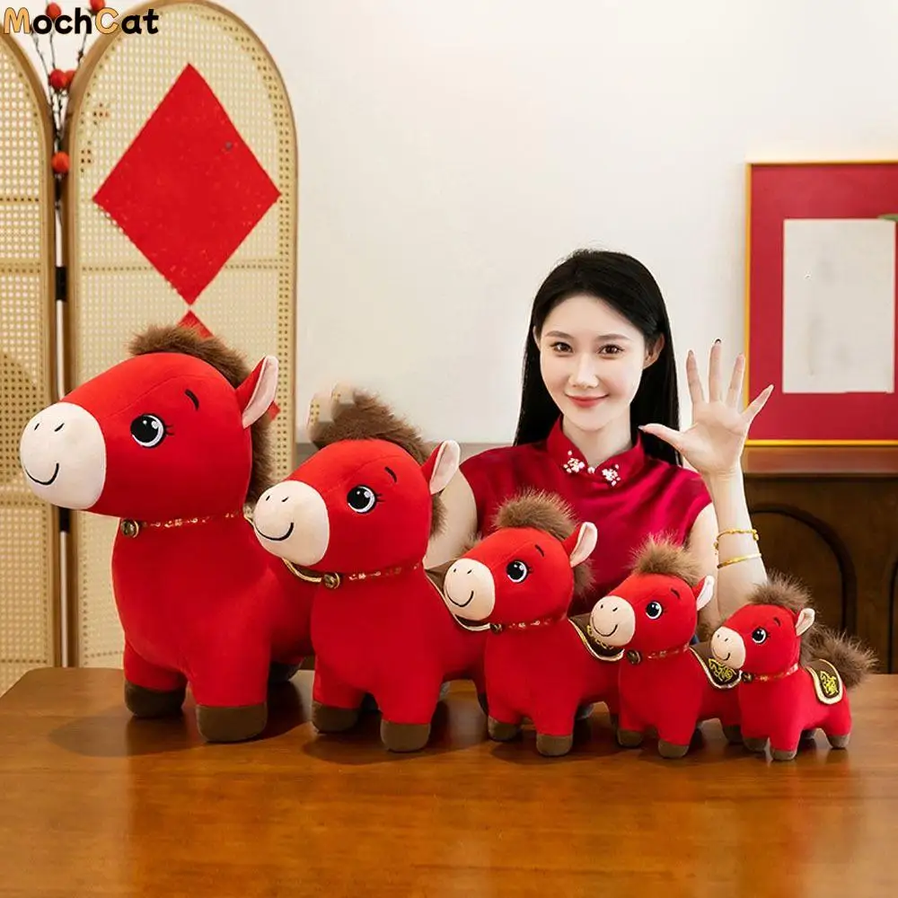

2026 Horse Year Zodiac Horse Figurine Soft Stuffed Letter Print Plush Horse Doll Decorative Realistic Horse Stuffed Animal