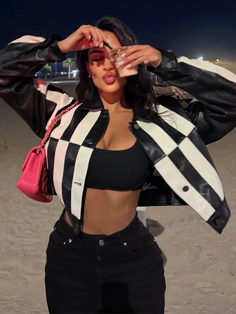 

Women's Y2K Cropped Faux Leather Jacket Coat Vintage Checkerboard Streetwear Bomber Coats 2026 New Fashion Lady Short Outerwear