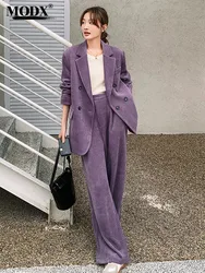 [MODX] completo a due pezzi pantaloni a gamba larga nuovo risvolto manica lunga velluto a coste viola vestibilità ampia moda donna marea primavera autunno 2024