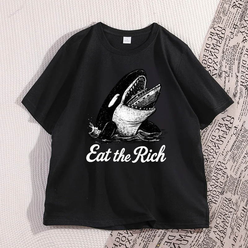 Eat The Rich Killer Whale T-Shirt Vintage Cotton Short Sleeve Tshirt Streetwear Man Short Sleeve Graphic Tee Oversized Tee view 3