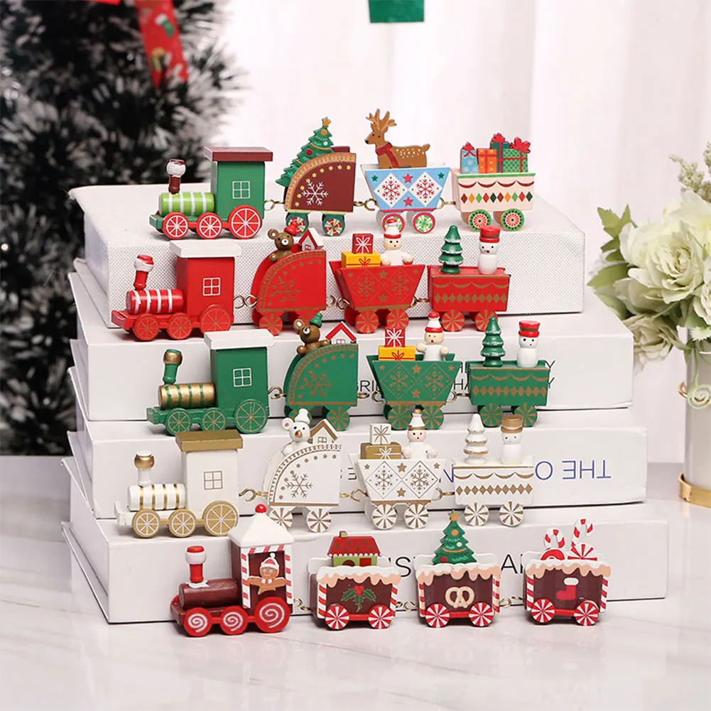 Wooden Christmas Train Decor Set Xmas Table Top Ornament Cute Mini Train Ornaments for Christmas Party Gift Home Decoration