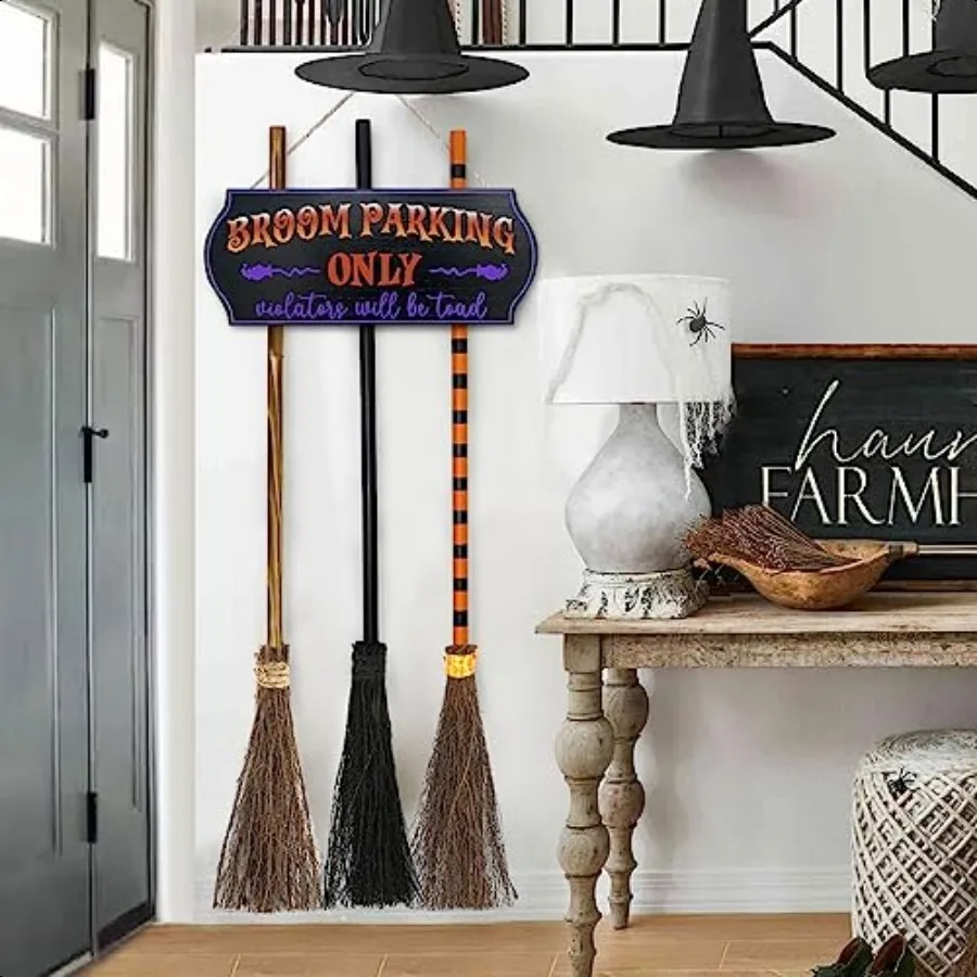 Halloween Decorations Halloween Decor Broom Parking Sign with 3 Wooden Witches Brooms Cute Hocus Pocus Front Porch Wall Decor f