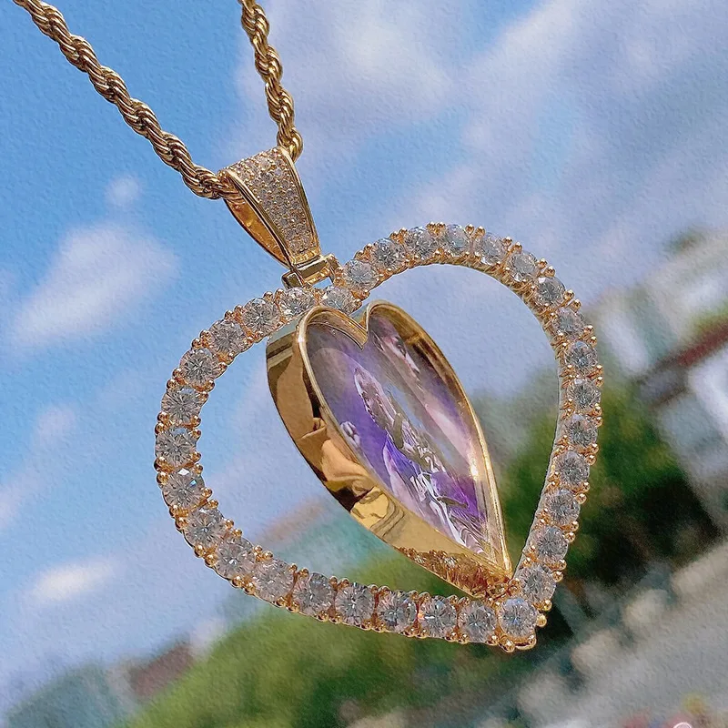 Custom Rotating Double-Sided Heart Love Shape Photo Pendant for Men Women Make Memory Picture Necklace Chain Hip Hop Jewelry