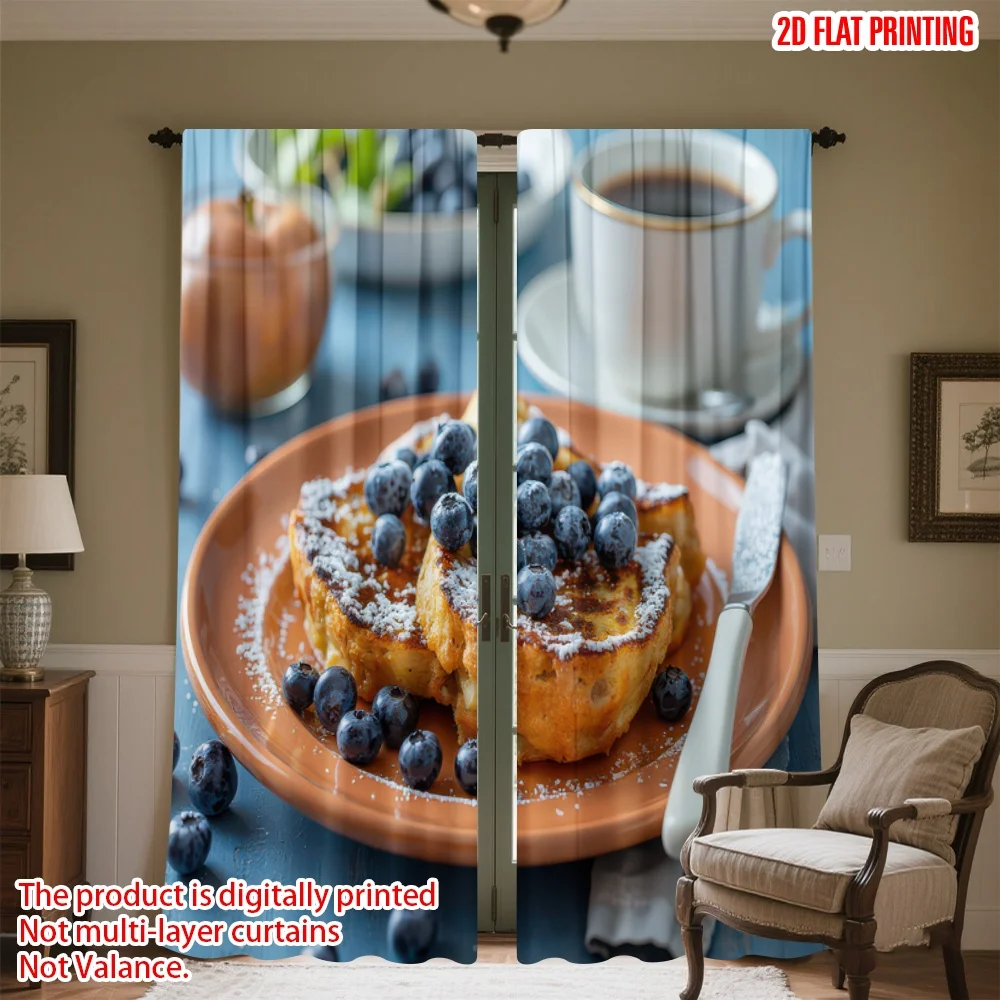 

2D flat printing 2pcs Party Curtain Blueberry French Toast Breakfast Digital Printed Polyester Drapes Festive Curtains Perfect