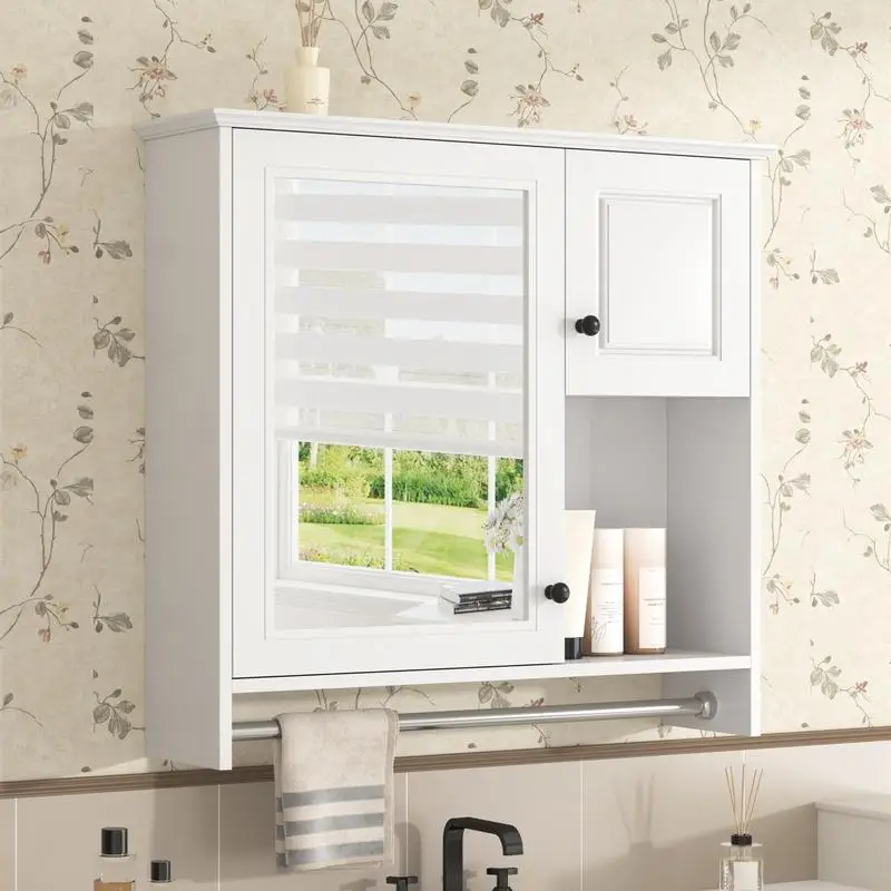 

30" Bathroom Wall Cabinet with Mirror, Wall-Mounted Medicine Cabinet, 2 Shelves, Over-Toilet Storage, White Finish