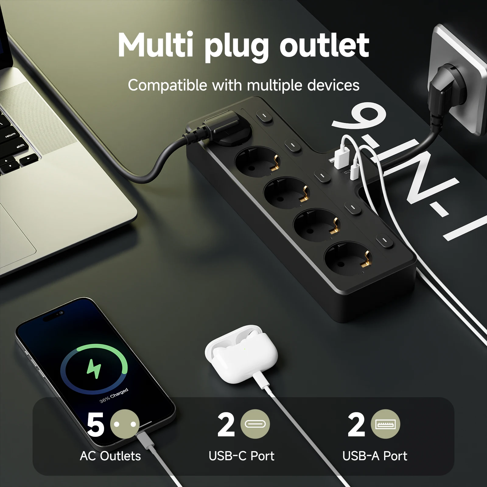 9-in-1 European Power Board Multi-Switch Power Plug Board with 5 AC Outlets 2 USB And 2 Type Interfaces Desktop Wall-Mounted