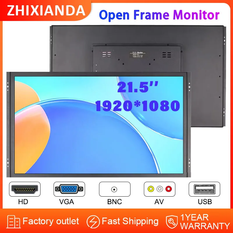Wall Mount Open Frame Monitor 21.5 Inch 1080P Industrial LCD Touch Screen Display With BNC AV HD VGA USB Interface